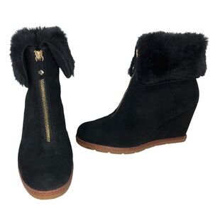 Kate Spade Stasia Black Suede Convertible Faux Fur Wedge Boots